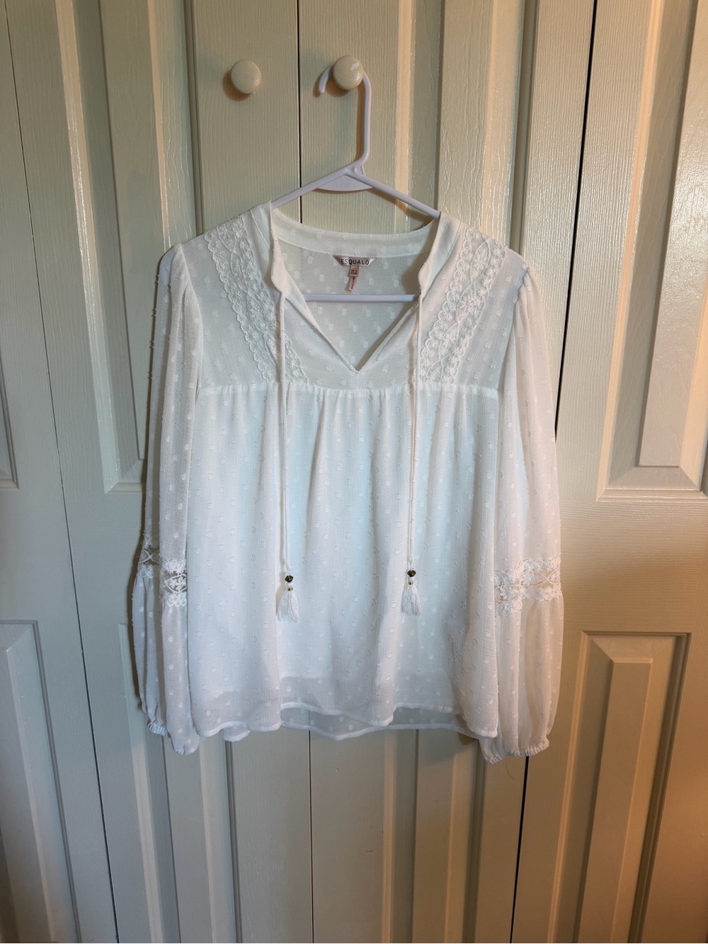 ESQUALO White Lightweight Lace-Trim Peasant Blouse